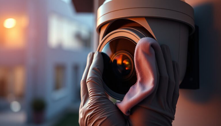 A person cleaning a CCTV camera lens using safe techniques and tools for optimal clarity.