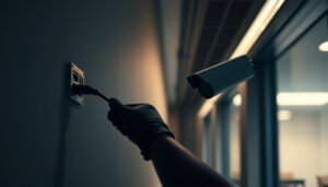Illustration of steps to connect an IP CCTV camera to a network for surveillance.