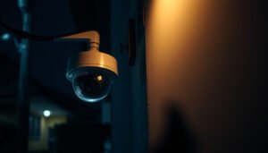 CCTV camera with night vision enabled, showcasing clear footage in low light conditions.