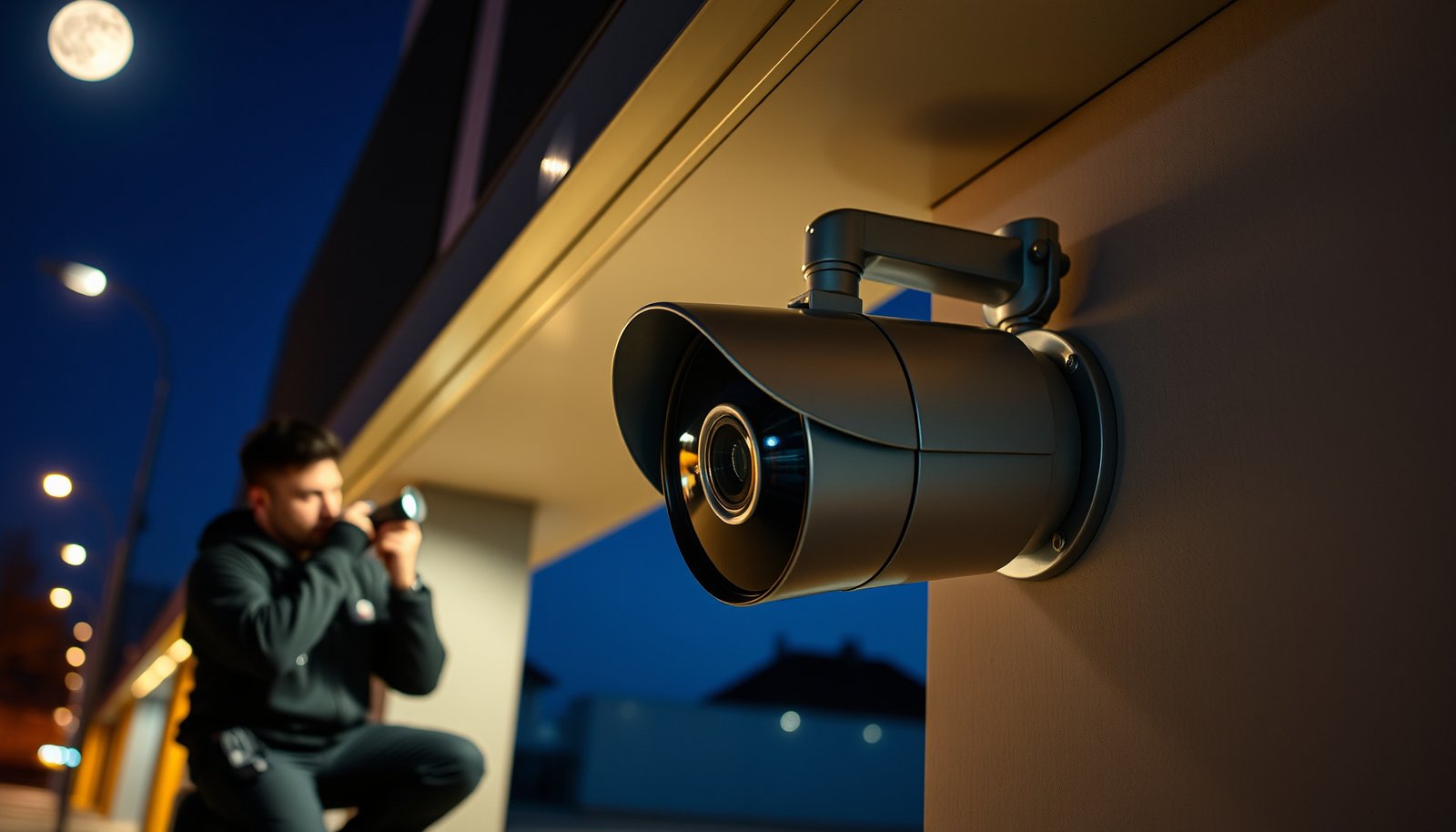 A CCTV camera with night vision enabled, illustrating the setup process for better security monitoring.