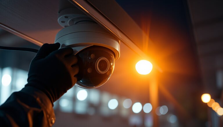 A technician troubleshooting a CCTV camera that is not working, demonstrating steps to fix it.