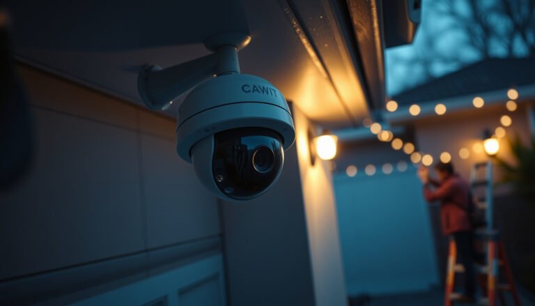 A person installing a CCTV camera to monitor their driveway for security purposes.