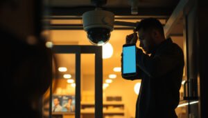 A small business owner setting up CCTV cameras for security in their store.