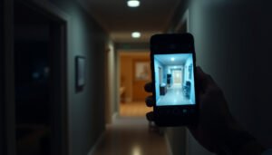 Person using a smartphone to view CCTV camera footage remotely.