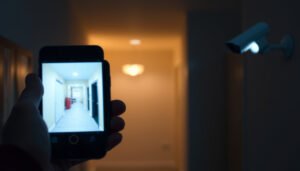 A person viewing CCTV camera footage on a smartphone, demonstrating setup and live viewing.