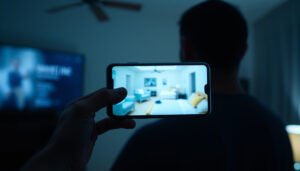 Person using a smartphone to view CCTV camera footage remotely.